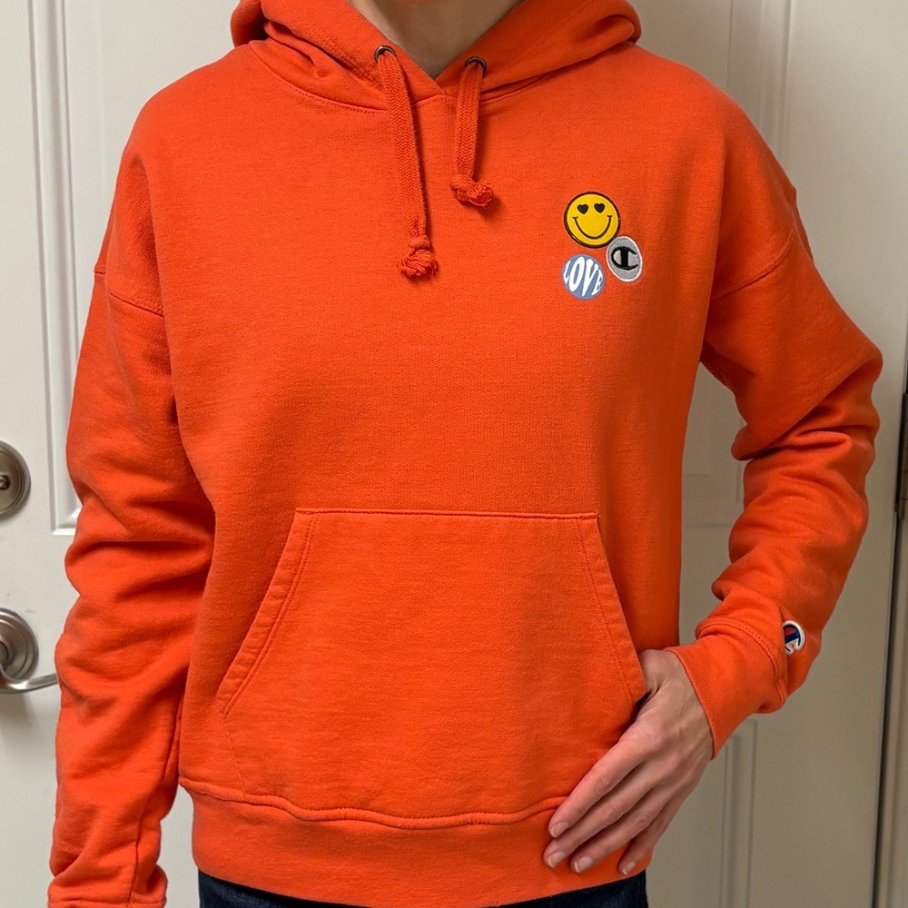 Champion sweatshirt XS Get Happy Powerblend Relaxed Fleece Hoodie Smiley Face